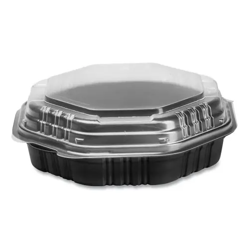 SOLO® OctaView Hinged-Lid Hot Food Containers, 31 oz, Black/Clear, Plastic, 100/Carton