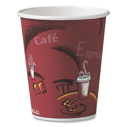 SOLO® Paper Hot Drink Cups, Bistro Design, 10 oz, Maroon, 1,000/Carton