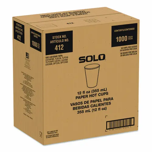 SOLO® Recycled Content PCF Paper Hot Cups, ProPlanet Seal, 12 oz, White/Blue, 1,000/Carton