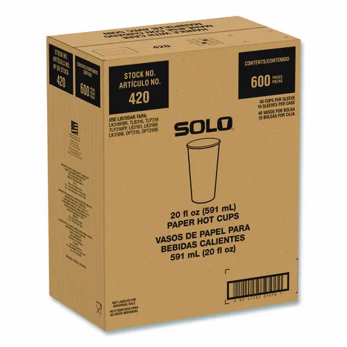 SOLO® Recycled Content PCF Paper Hot Cups, ProPlanet Seal, 20 oz, White/Blue, 600/Carton