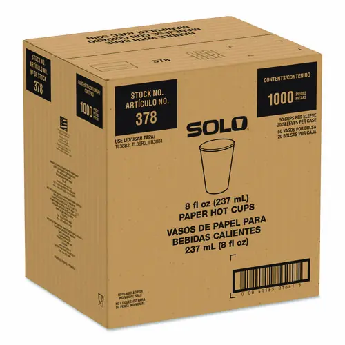 SOLO® Recycled Content PCF Paper Hot Cups, ProPlanet Seal, 8 oz, White/Blue, 1,000/Carton