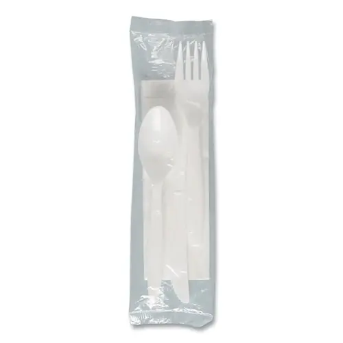 SOLO® Regal Mediumweight Cutlery Kit, Individually Wrapped, Fork/Knife/Napkin/Spoon, Plastic, White, 250/Carton
