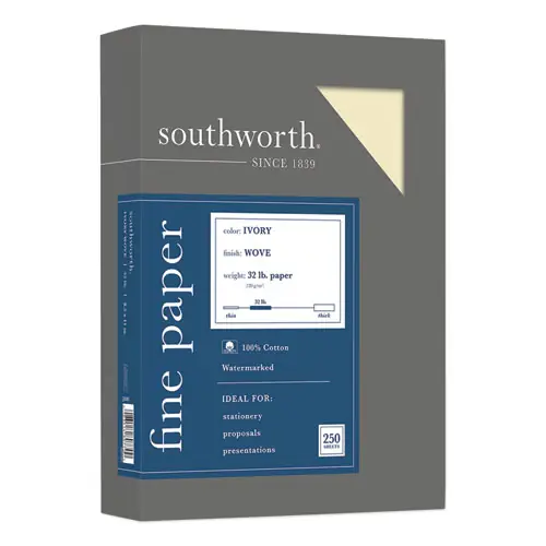 Southworth® 100% Cotton Business Paper, 32 lb Bond, Ivory, 250 Sheets, 8.5" x 11"