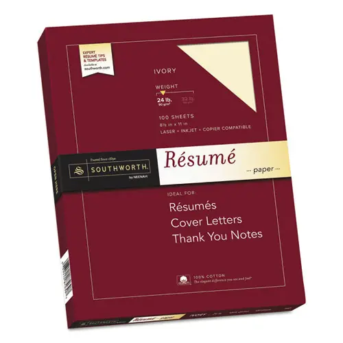 Southworth® 100% Cotton Resume Paper, 24 lb Bond, 8.5 x 11, Ivory, 100/Pack