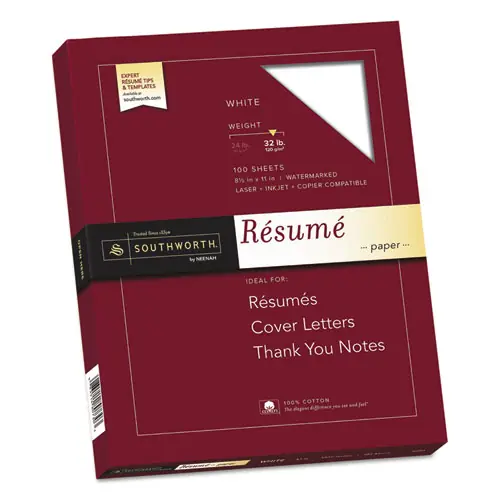 Southworth® 100% Cotton Resume Paper, White, 8.5 x 11, 95 Bright, 32 lb Bond, 100 Sheets