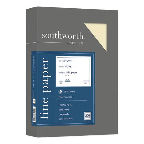 Southworth® 25% Cotton Business Paper, 95 Bright, 24 lb Bond, 8.5 x 11, Ivory, 500 Sheets/Ream