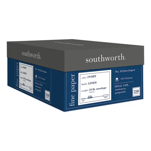 Southworth® 25% Cotton Linen #10 Envelope, Commercial Flap, Gummed Closure, 4.13 x 9.5, Ivory, 250/Box