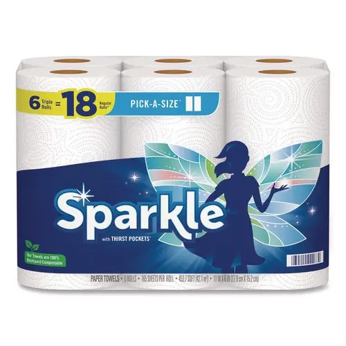 Sparkle Pick-A-Size Perforated Kitchen Triple Roll Paper Towels, 2-Ply, White, 165 Sheets per Roll, 6 Rolls per Pack