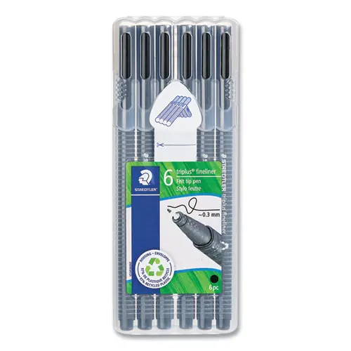 Staedtler® Triplus Fineliner Porous Point Pen, Fine 0.3 mm, Black Ink, Clear Barrel, 6/Pack