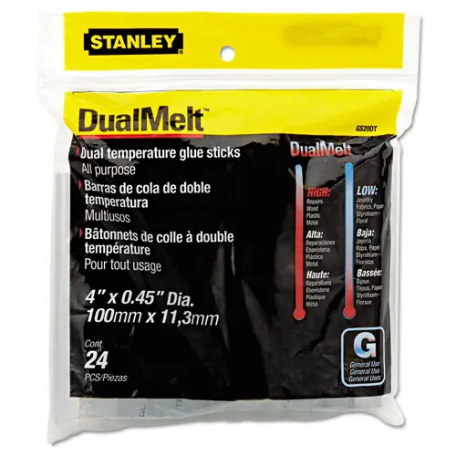 Stanley® Dual Temperature Glue Sticks, 0.45" x 4", Dries Clear, 24/Pack