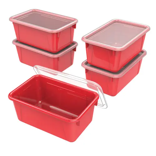 Storex Cubby Bin with Lid, Red, 5/Pack