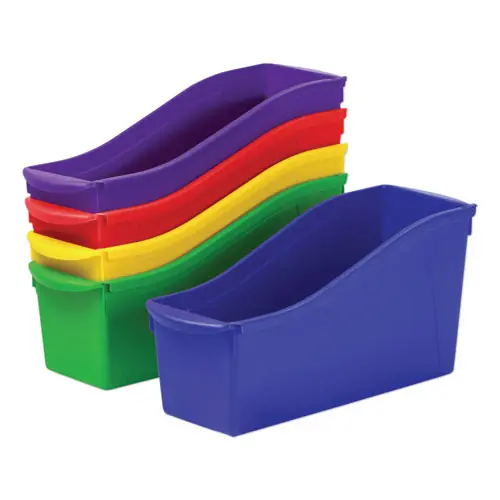 Storex Interlocking Book Bins with Clear Label Pouches, Assorted Colors, 5/Pack