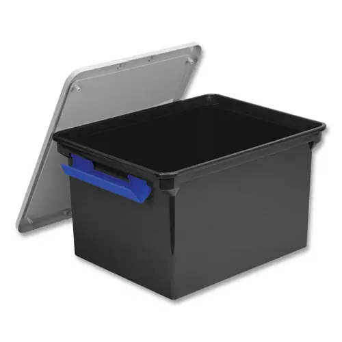 Storex Tote with Locking Handles, Legal/Letter, 13.9" x 18.3" x 10.6", Black/Silver/Blue, 4/Carton