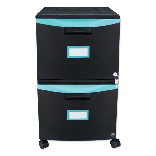 Storex Two-Drawer Mobile Filing Cabinet, Black/Teal, 2 Legal/Letter-Size Drawers, 14.75"W x 18.25"D x 26"H