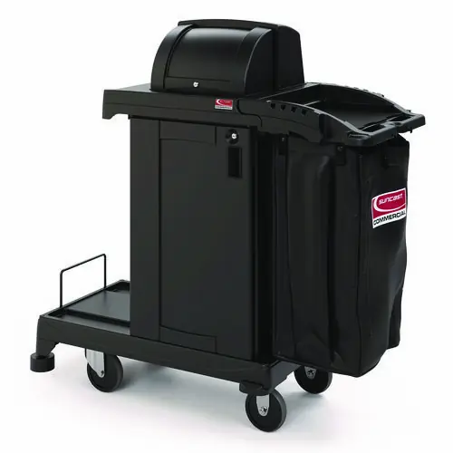 Suncast Commercial® High Security Housekeeping Cart, Plastic, Black, 1 Shelf, 3 Bins