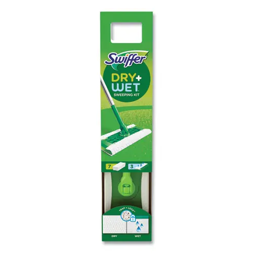 Swiffer® Sweeper Mop, 10" x 4.8" White Cloth Head with 46" Green/Silver Aluminum & Plastic Handle, 6 per Carton