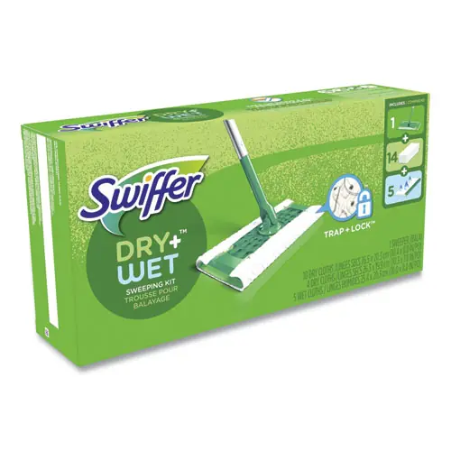 Swiffer® Sweeper Mop, White Cloth Head, 46" Silver/Green Handle