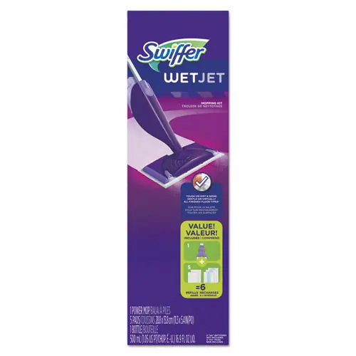 Swiffer® WetJet® Mop Starter Kit, 11 x 5 White Cloth Head, 46" Purple/Silver Handle, 2/Carton