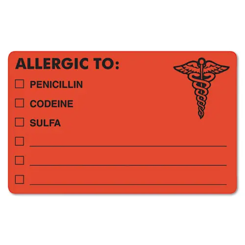Tabbies® Allergy Warning Labels, ALLERGIC TO: PENICILLN, CODEINE, SULFA