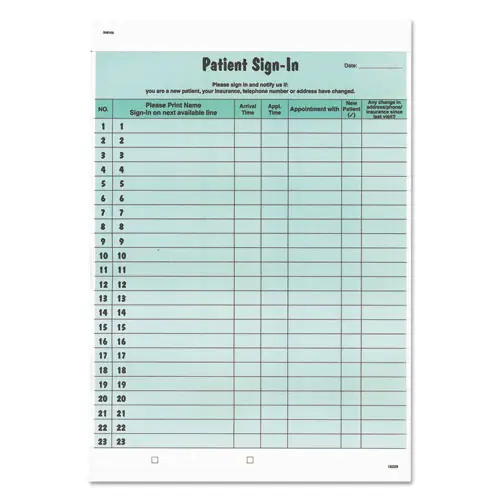 Tabbies® Patient Sign-In Label Forms, Two-Part Carbon, 8.5 x 11.63, Green Sheets, 125 Forms