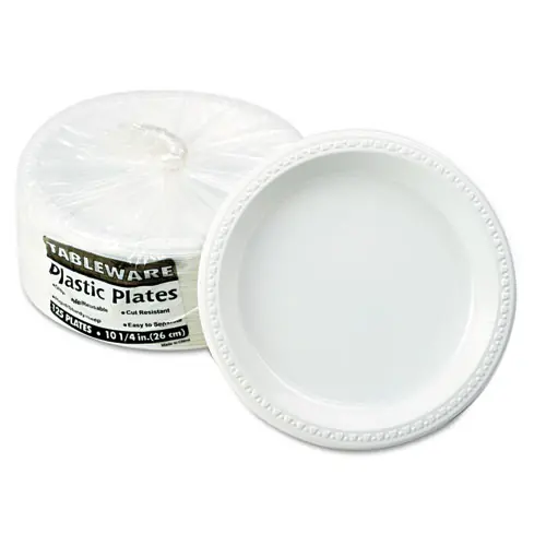 Tablemate® Plastic Dinnerware, Plates, 10.25" dia, White, 125/Pack