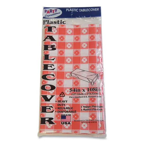 Tablemate® Table Set Rectangular Table Covers, Heavyweight Plastic, 54" x 108", Plaid Red/White, 6/Pack