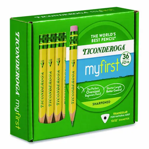 Ticonderoga® My First Short Pencil with Eraser, 3.6 mm, HB (#2), Black Lead/Yellow Barrel, 36/Pack