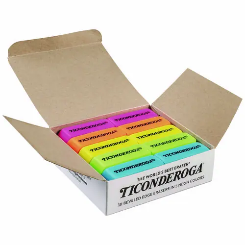 Ticonderoga® Neon Wedged Block Erasers, Assorted Colors, Medium, 30/Box
