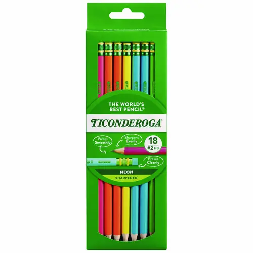 Ticonderoga® Pre-Sharpened Pencil, HB #2, 2.2 mm Black Lead, Neon Assorted Barrels, 18-Pack