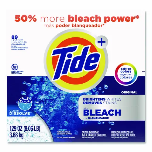 Tide® Laundry Detergent with Bleach, HE Compatible, Tide Original Scent, Powder, 129 oz Box