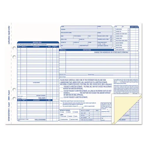 TOPS™ Auto Repair Four-Part Order Form, Carbonless, 11 x 8.5, 50 Forms