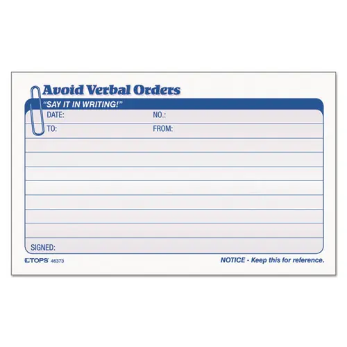 TOPS™ Avoid Verbal Orders Manifold Book, Two-Part Carbonless, 50 Forms, 6.25 x 4.25