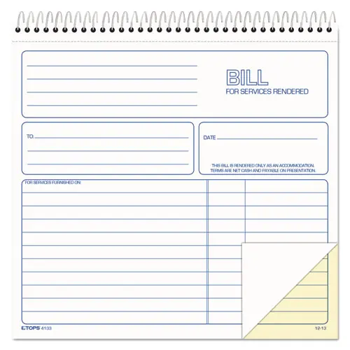 TOPS™ Bill for Services Rendered Book, Two-Part Carbonless, 50 Forms, 8.5 x 7.75