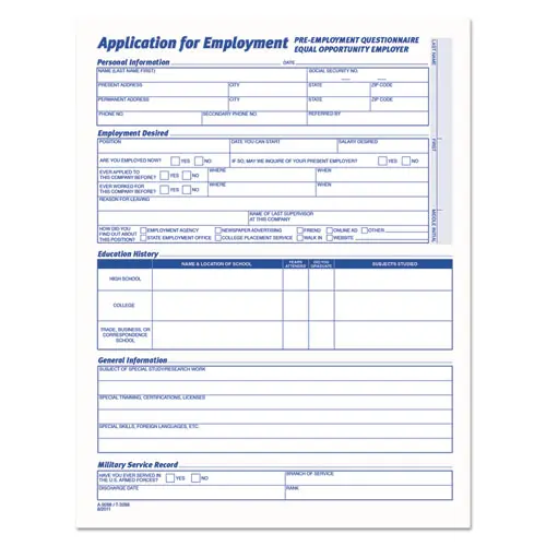 TOPS™ Comprehensive Employee Application Form, One-Part (No Copies)