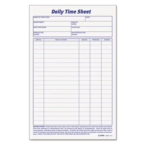 TOPS™ Daily Time and Job Sheets, One-Part (No Copies), 8.5 x 5.5, 200 Forms/Pad, 2 Pads/Pack
