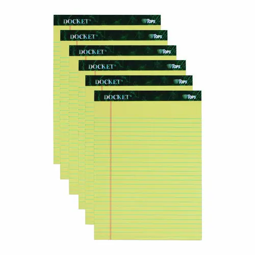 TOPS™ Docket Ruled Perforated Pads, Wide/Legal Rule, 50 Sheets, Canary-Yellow, 8.5" x 11.75", 6/Pack