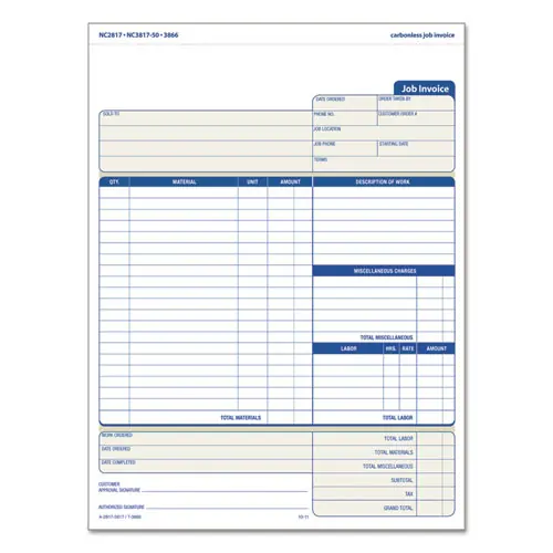 TOPS™ Job Invoice, Snap-Off Triplicate Form, Three-Part Carbonless, 8.5 x 11.63, 50 Forms