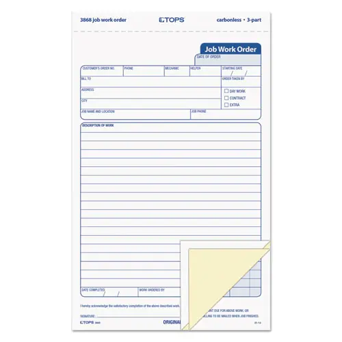 TOPS™ Job Work Order, Three-Part Carbonless, 50 Forms, 5.66 x 8.63