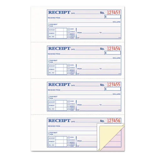 TOPS™ Money and Rent Receipt Book, Account + Payment Sections, Three-Part Carbonless, 7.13 x 2.75, 4 Forms/Sheet, 100 Forms Total