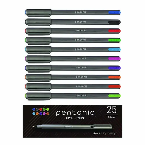 TOPS™ PENTONIC Ballpoint Pen, Medium 1 mm, Assorted Ink Colors, Charcoal Gray Barrel, 25 Pack