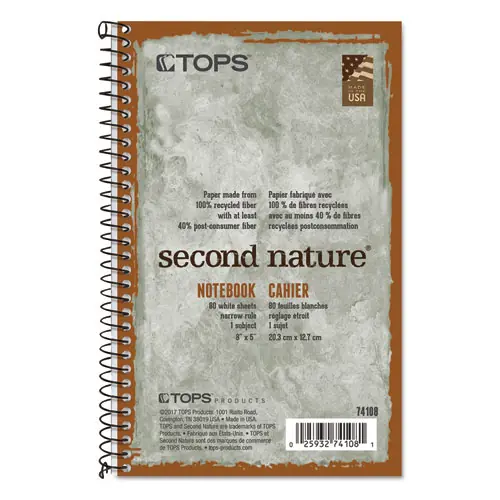 TOPS™ Second Nature Single Subject Wirebound Notebook, Narrow Rule, Green Cover, 8" x 5"