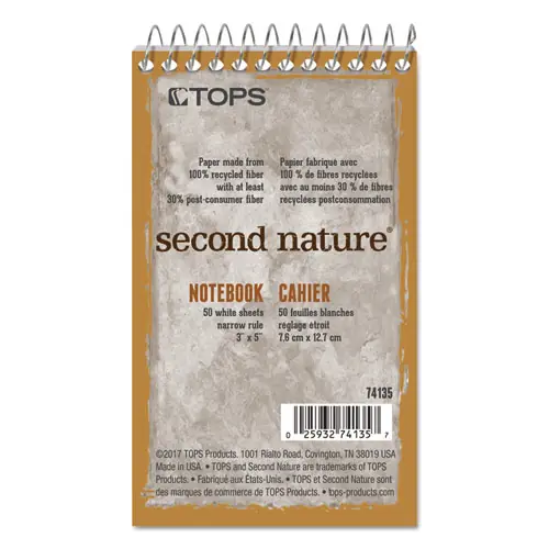 TOPS™ Second Nature Wirebound Notepads, Narrow Rule, 50 White 3 x 5 Sheets, Randomly Assorted Cover Colors