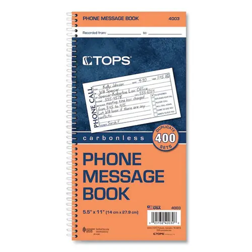 TOPS™ Spiralbound Message Book, Two-Part Carbonless, 400 Forms, 5 x 2.75, 4 Forms Per Sheet