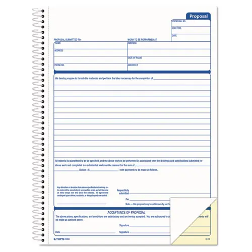 TOPS™ Spiralbound Proposal Form Book, Two-Part Carbonless, 11 x 8.5, 50 Forms Total