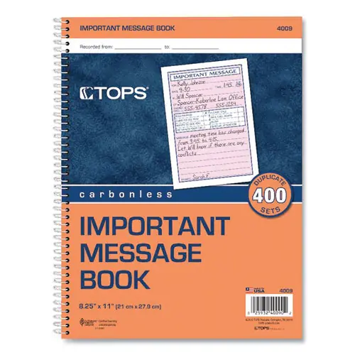 TOPS™ Telephone Message Book with Fax/Mobile Section, Two-Part Carbonless, 3.88 x 5.5, 4 Forms/Sheet, 400 Forms Total