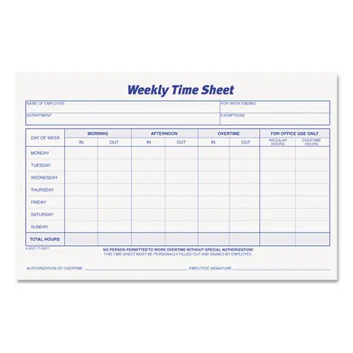 TOPS™ Weekly Time Sheets, One-Part (No Copies), 50 Forms/Pad, 2 Pads/Pack
