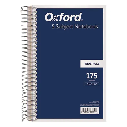 TOPS™ Wirebound Five-Subject Notebook, Wide/Legal Rule, Navy Cover, 175 Sheets, 9.5" x 6"