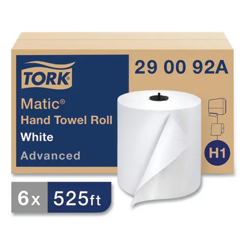 Tork® Advanced Matic Hand Towel Roll, 2-Ply, White, 7.7" x 525 ft, 643 Towels/Roll, 6 Rolls/Carton