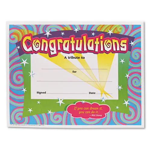 TREND® Congratulations Colorful Classic Certificates, Assorted Colors with White Border, 30/Pack