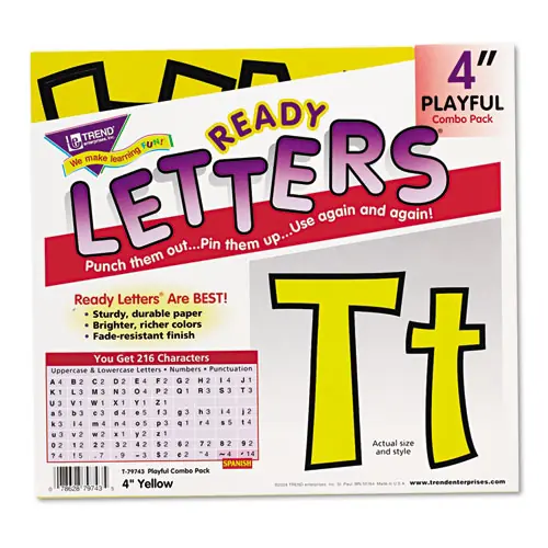 TREND® Ready Letters Playful Combo Set, 4" Tall, Yellow Characters, Black Background, 216/Set